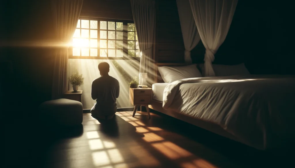 Uma pessoa ajoelhada em um quarto simples, com luz suave entrando pela janela, simbolizando o "lugar secreto" de oração.